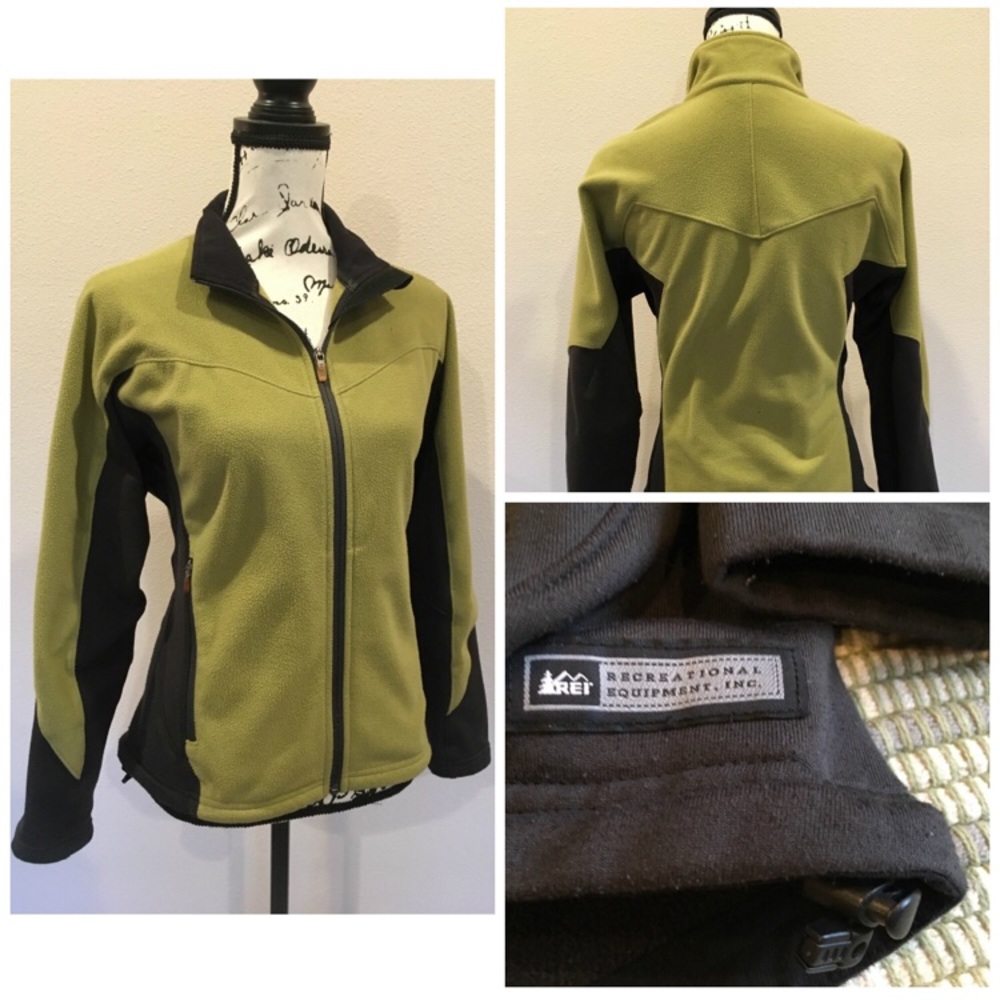 REI Fleece Zip Front Jacket Lightweight Funnel Neck Top Green Black sz M